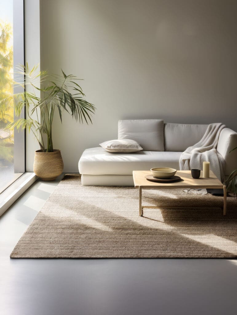 Rektangulært jute tæppe under sofagruppe