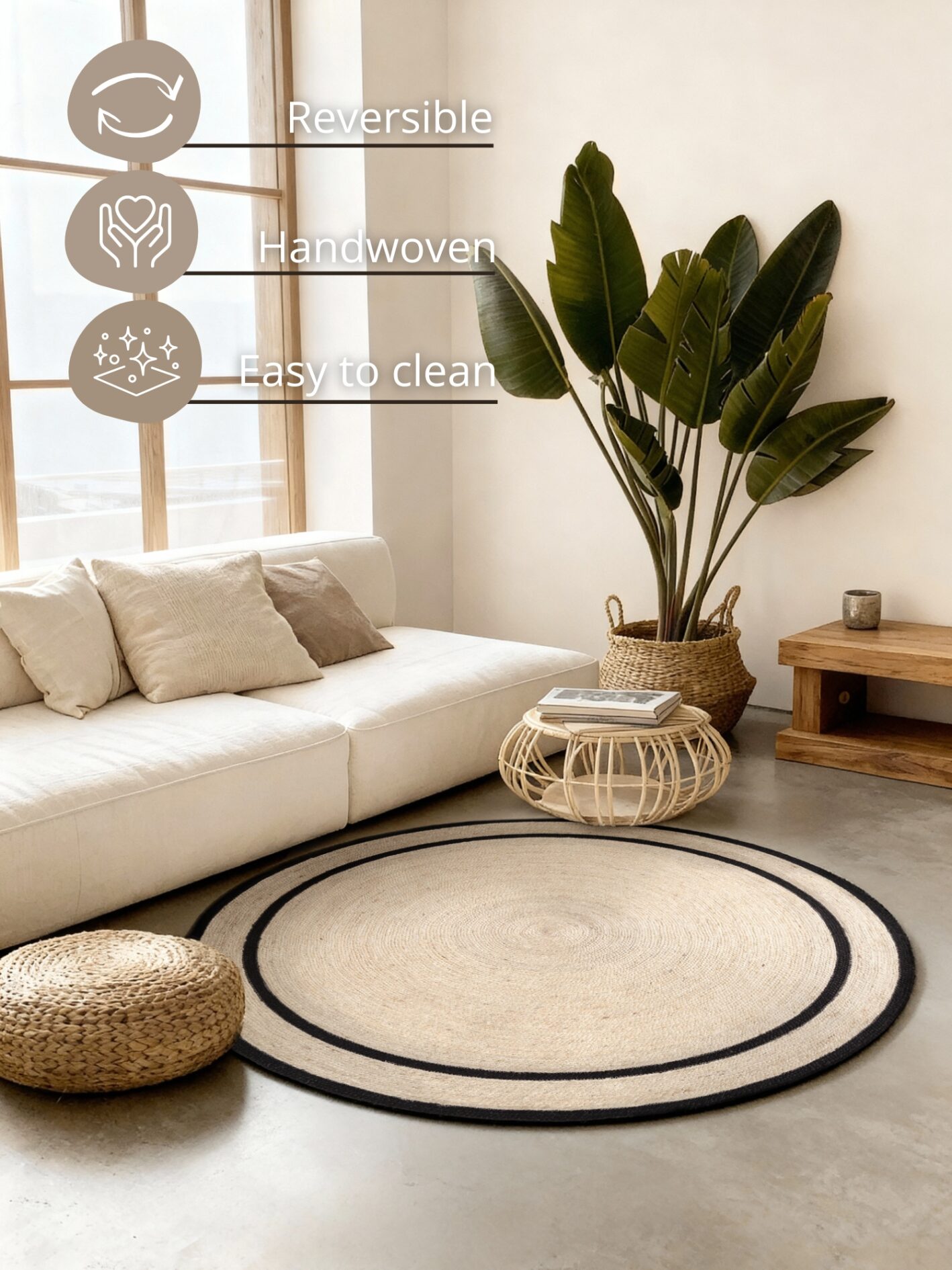 Hanse Home Flettet Jute tæppe rund Lina - Natural Ivory-sort - Billede 4